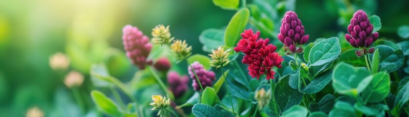 Botanical garden scene with plants known for hormone balance, such as maca, red clover, and chasteberry