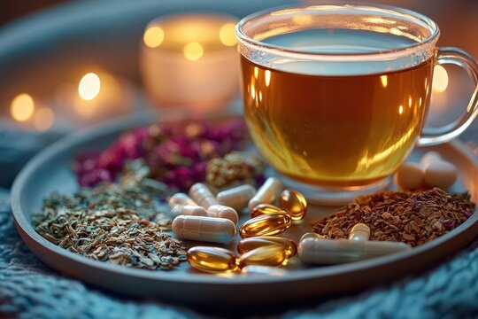 Soft lighting on a tray with dried herbs, tea, and supplements, representing alternative hormone therapies