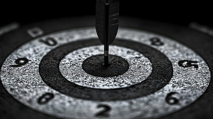 Close-up of a dartboard with a dart hitting the bullseye.
