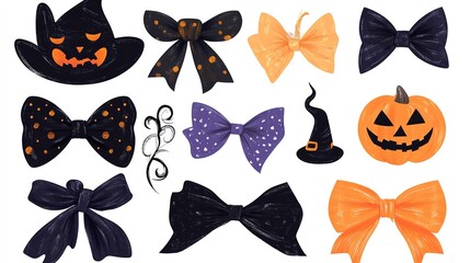 Fototapeta premium A cute and coquettish Halloween bow vector clip-art set, isolated on a white background. This charming collection features playful and flirty bows, perfect for adding a touch of whimsy 