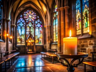 Fototapeta premium Candle Flame in Church at Night - Architectural Serenity and Spiritual Reflection