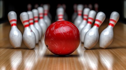 Red bowling ball striking against pins