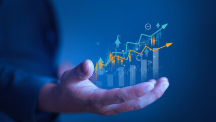 Hand holding growth business strategy arrow concept with increase development graph profit or growing economy investment income target and goal increase achievement on development strategy chart.