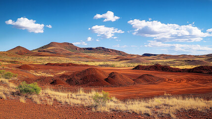 Naklejka premium Vibrant red earth landscape under a clear blue sky in a remote desert region