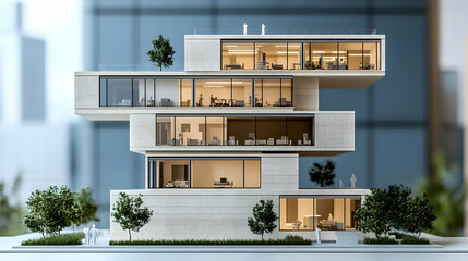 Modern architectural model showcasing a multi-level office building.