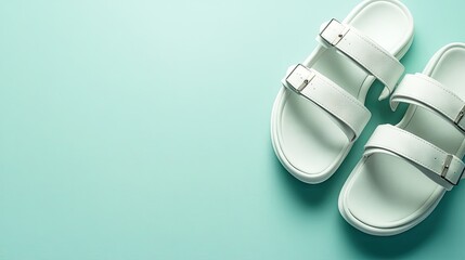 Stylish Minimalist White Sandals on Aqua Background