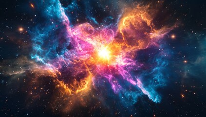 A vibrant nebula in the cosmos with swirling clouds of gas and dust, illuminated by a bright star at its center.