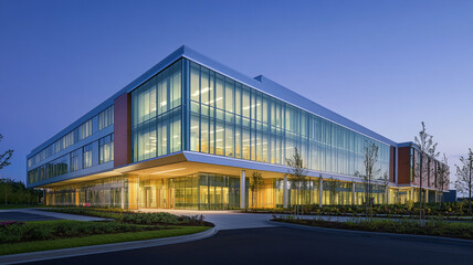Modern glass office building at dusk with illuminated interior spaces in a serene environment