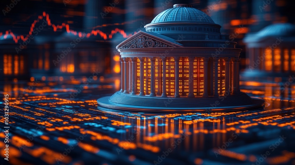 Poster a digital rendering of a classical building amidst data streams.