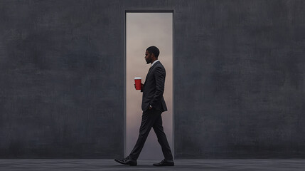 Obraz premium A businessman in a suit walks through a doorway, holding a cup of coffee.
