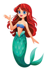 Cute mermaid waving her hand in a friendly gesture. Vector cartoon character illustration