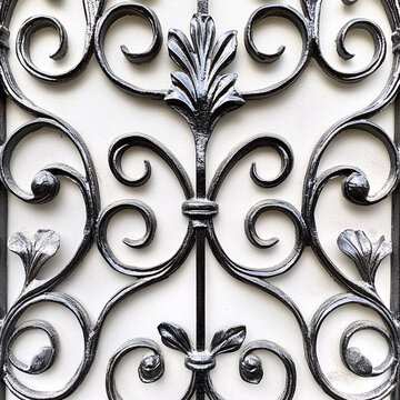 black wrought iron gate design with white background close up