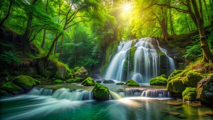 Naklejka premium Captivating Long Exposure Waterfall in Lush Green Forest for Nature Photography Enthusiasts