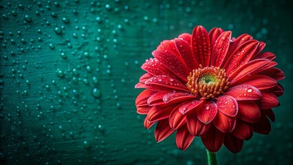 A vibrant red flower with dewdrops on its petals, set against a backdrop of teal with blurred bokeh.