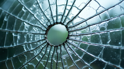 Naklejka premium Close-up of a shattered glass window with a large hole in the center symbolizing the need for glass repair