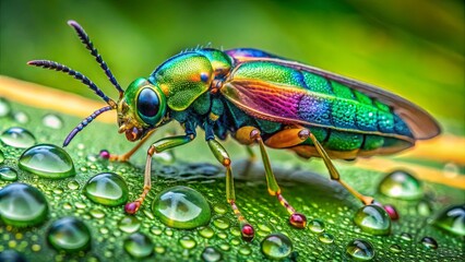 Fototapeta premium A jeweled beetle perched on a glistening leaf, its iridescent exoskeleton reflecting the vibrant hues of nature's canvas