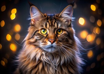 Captivating Night Portrait of a Maine Coon Cat with Amber Eyes and Fluffy Fur