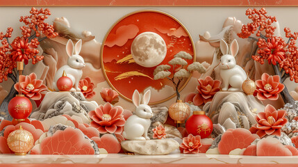 Mid-Autumn Festival with Rabbits, Lanterns, and Full Moon Display..