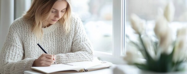 Calm woman journaling near a sunny window, capturing peaceful moments of self-reflection