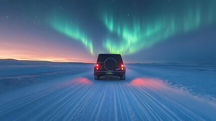 A vehicle on a snowy road under the northern lights.