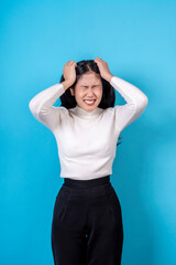 Women are doing various poses on a blue background.