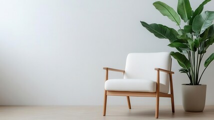 Minimalist lounge chair beside a large indoor plant, symbolizing relaxation and rejuvenation