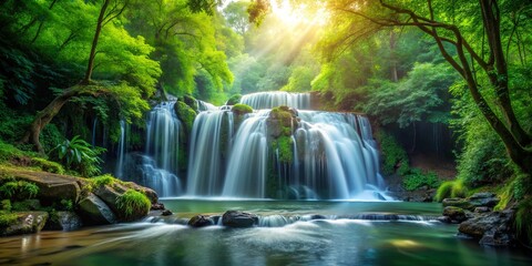 Fototapeta premium Sunlight Dappling Through a Verdant Canopy Illuminates a Cascading Waterfall, Its Waters Flowing Smoothly Over Moss-Covered Rocks into a Tranquil Pool