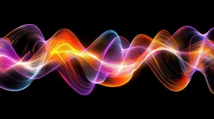 Abstract waves of colorful light flow on a dark background.
