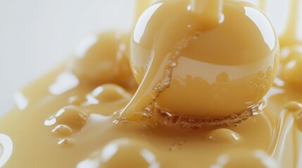 Close-up of a golden sphere partially submerged in a viscous liquid, creating a rippling effect.