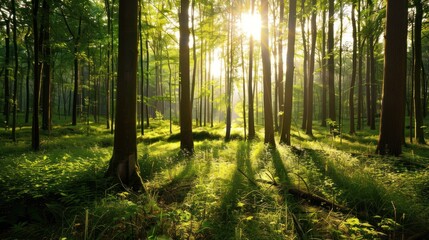 Fototapeta premium Sunlight shining through tall trees in a green forest. Nature and environmental conservation concept for background or poster design.