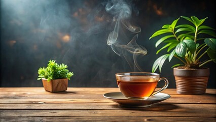 A Cup of Warmth on a Rustic Wooden Table with Verdant Greenery and Enchanting Vapor Trails