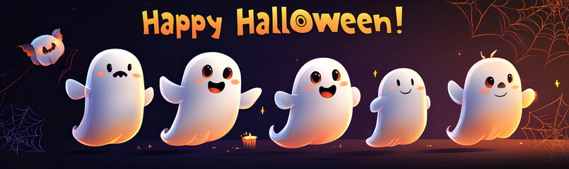 Obraz premium Five friendly ghosts celebrating Halloween with a glowing candle in a dark, web-filled setting.