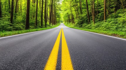 Obraz premium A winding asphalt road with yellow lines leads through a lush green forest.