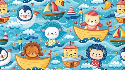 Cartoon Animals Traveling by Ship Seamless Pattern - Fun Vector Illustration for Kids' Fashion and Decor