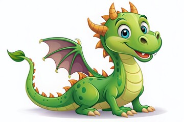 Obraz premium Cartoon Dragon with Green Head - 2D Flat Vector Illustration for Creative Projects and Educational Materials