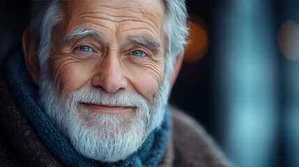 Close-up portrait of an elderly man with a kind smile.