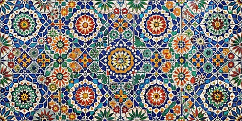 A vibrant mosaic of colorful floral designs, with intricate geometric patterns and a mix of blue, green, yellow, red, and white hues, creating a visually captivating and complex artwork.