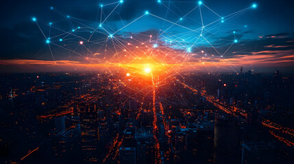 A vibrant city skyline at sunset with digital network connections.