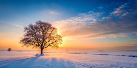 Obraz premium A lone tree stands tall in a snowy field, silhouetted against a breathtaking sunrise with a soft, ethereal glow on the horizon.