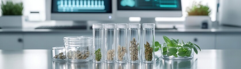 Photo-realistic test tubes and herbal extracts on a stainless steel lab table, with glowing computer screens in the background