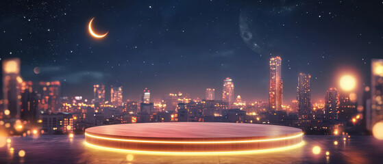 A serene nighttime cityscape featuring illuminated skyscrapers and a circular platform under a crescent moon.