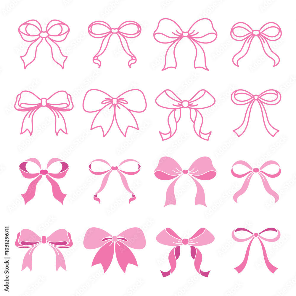 Canvas Prints set of pink ribbon bows in vector illustration with outline and flat color options. hand-drawn in a 