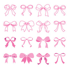 Set of pink ribbon bows in vector illustration with outline and flat color options. Hand-drawn in a minimalist style, these isolated designs are perfect for easy use.