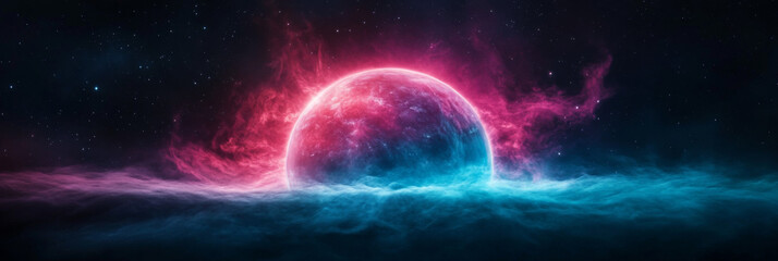 A fiery, pink and blue planet glows brightly in a star-filled sky.