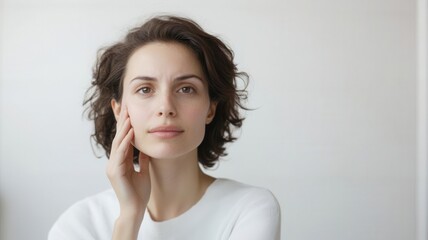 Woman standing in front of a bathroom mirror, gently touching her face, illustrating hormonal changes