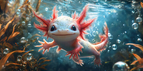 A close-up of a cute axolotl swimming underwater with bubbles surrounding it.