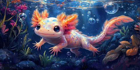 A cute axolotl swims underwater surrounded by bubbles and underwater plants