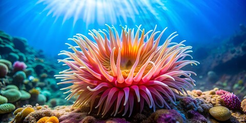 A vibrant, pink and yellow sea anemone flourishes on a coral reef, bathed in the soft glow of sunlight filtering through the turquoise waters.