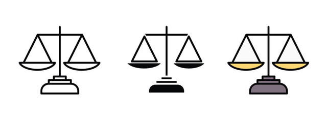 scales of justice icons, scales of justic and law in outline, silhouette and editable colors in unexpandable vector form, 