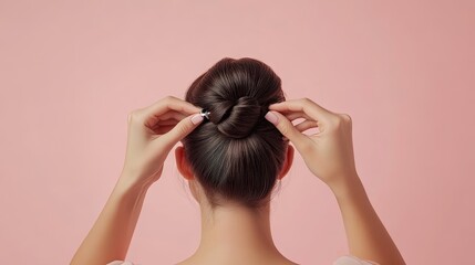 Fototapeta premium Elegant Hair Bun with Hands on Pink Background